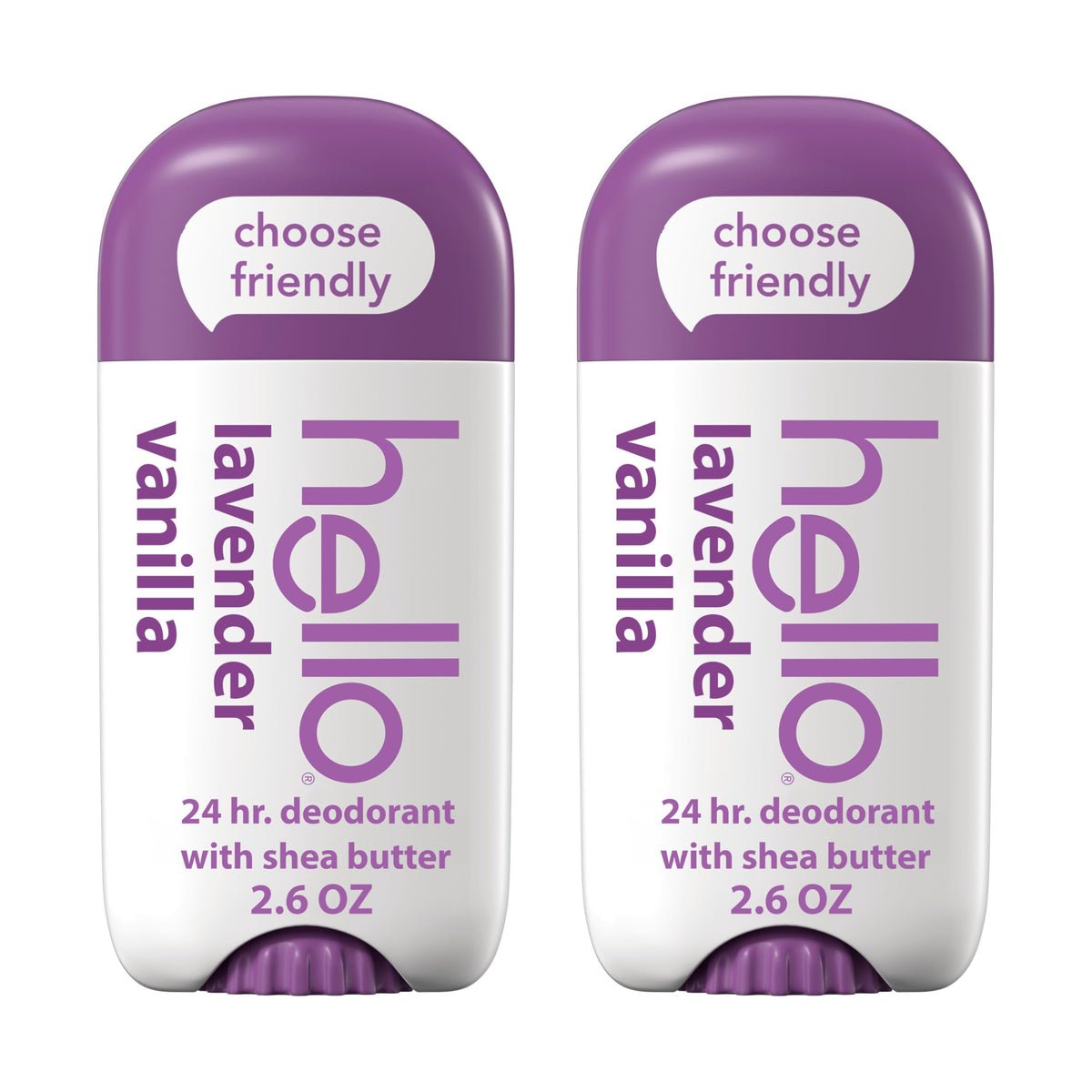 Hello Lavender Vanilla deodorant stick two-pack for everyday freshness.
