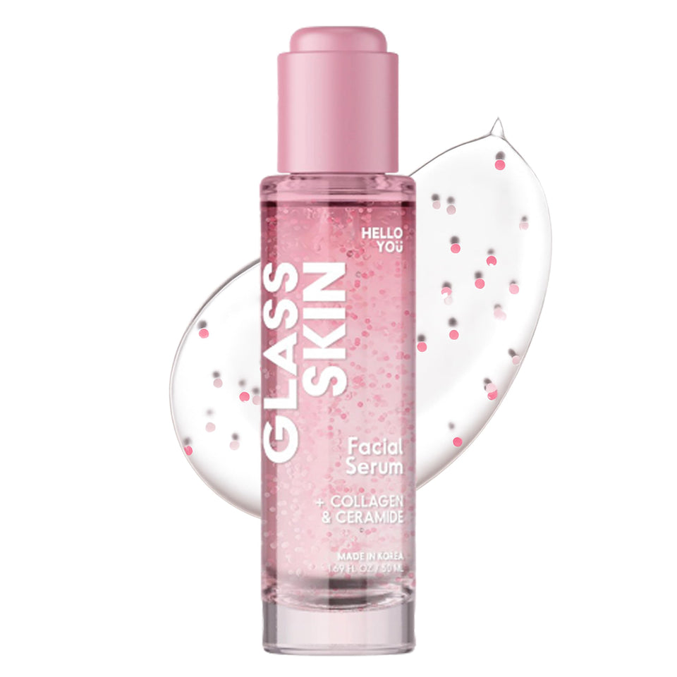 Hello You collagen serum bottle closeup showing a hydrating glow