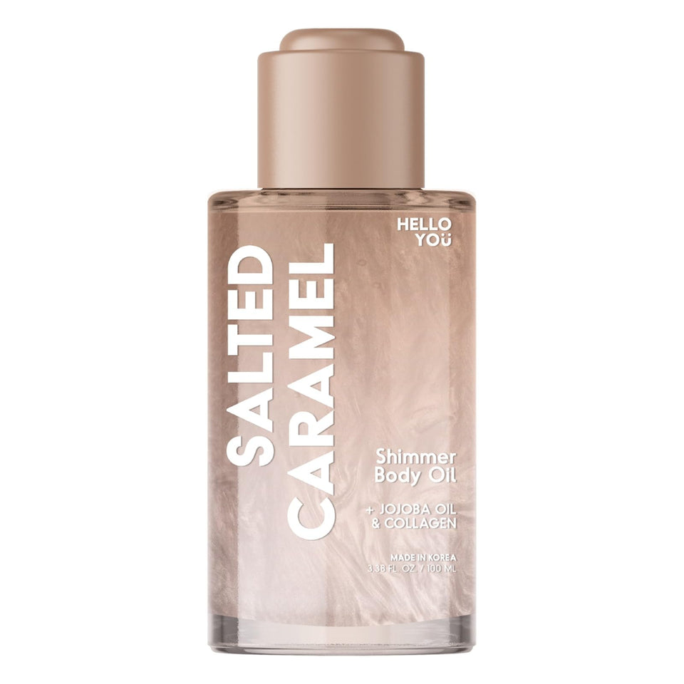 Hello You Jojoba Oil and Collagen Shimmer Body Oil bottle glows with hydration