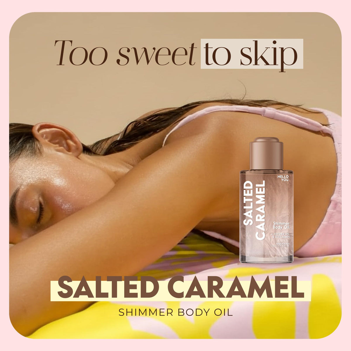 Hello You Shimmer Body Oil on shoulders delivers dewy skin glow