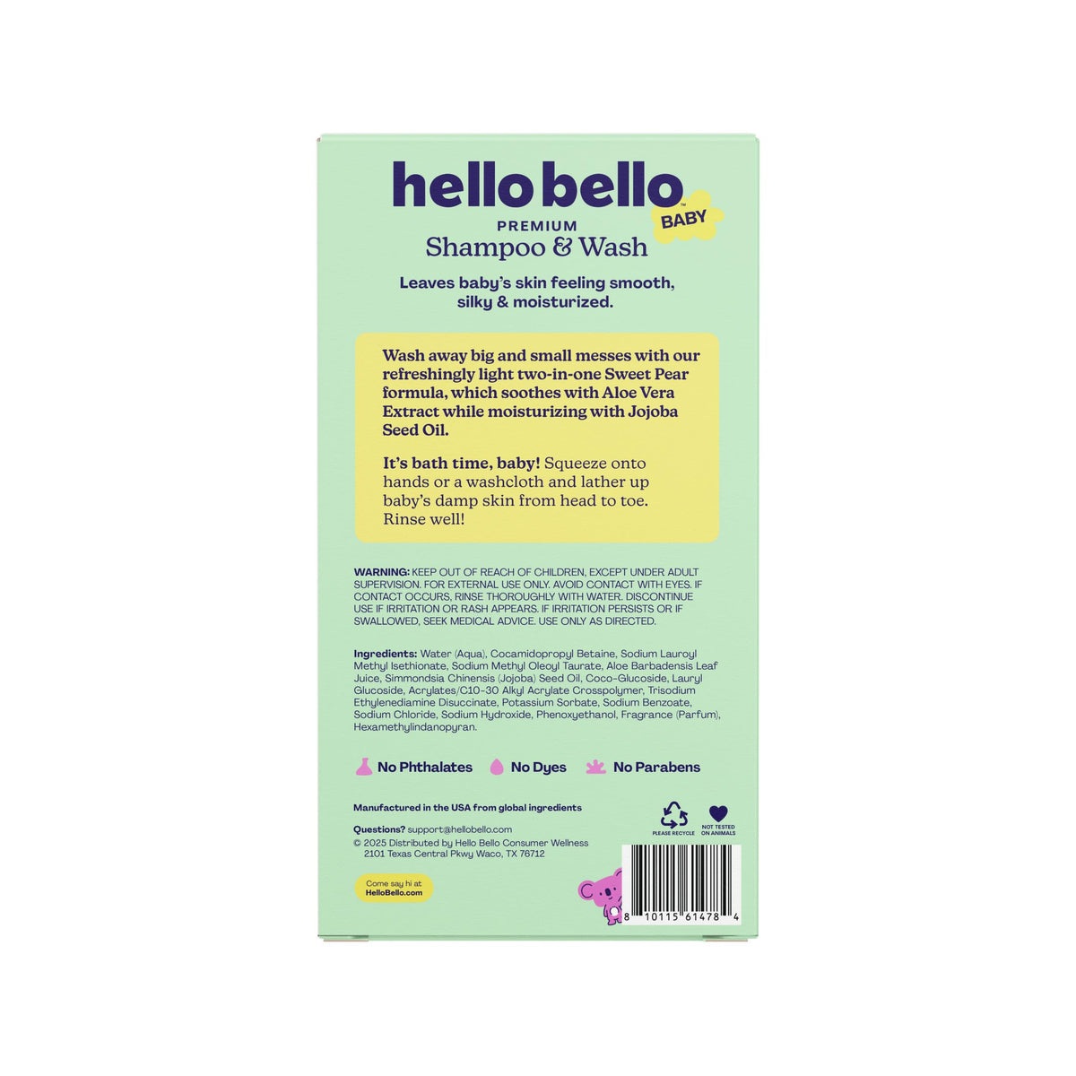 Hello Bello Sweet Pear shampoo pour; easy to rinse, preserving natural skin oils.