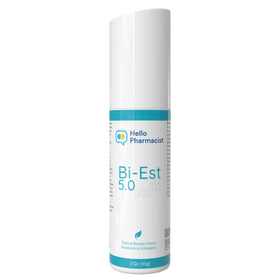 HelloPharmacist BiEst 5.0 cream bottle glows softly for lightweight hydration.