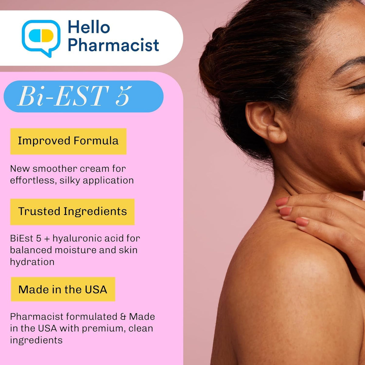 HelloPharmacist BiEst 5.0 cream packaging box stands premium and USA-made.