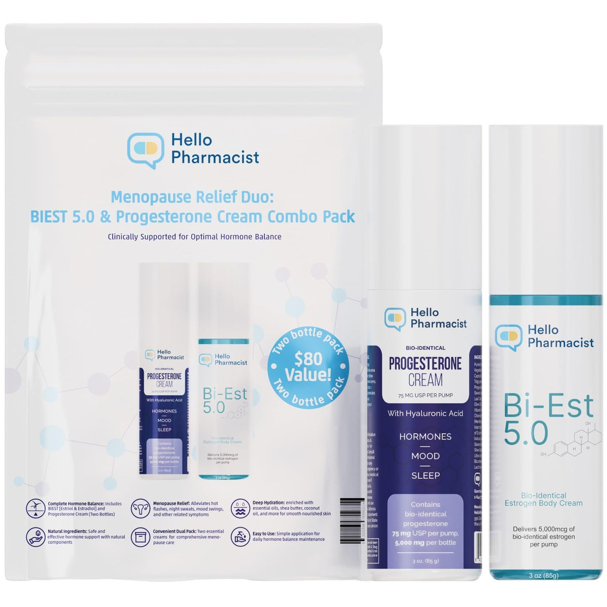 HelloPharmacist Biestro 5.0 bioidentical cream bottle for daily balance and comfort.