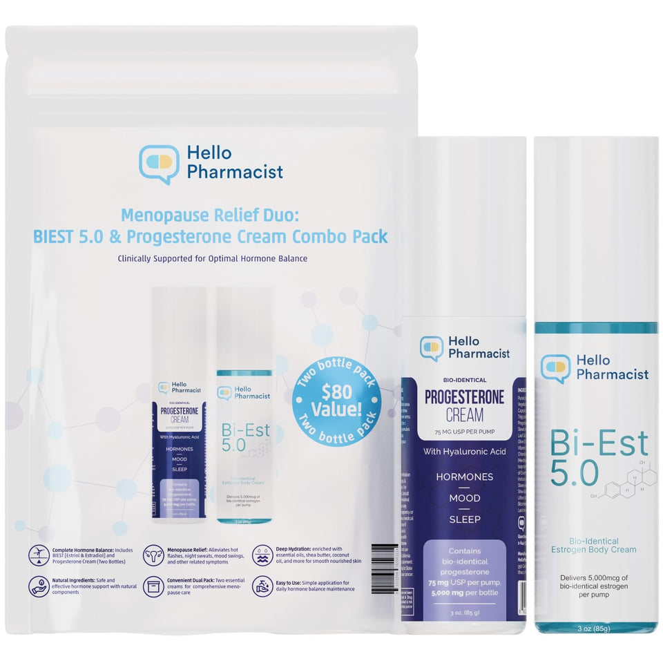 HelloPharmacist Biestro 5.0 bioidentical cream bottle for daily balance and comfort.