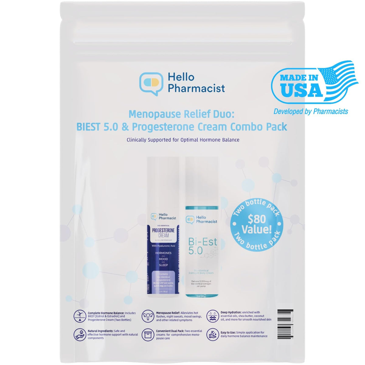 HelloPharmacist Biestro 5.0 dual-pack front showing pharmacist-formulated balance duo.