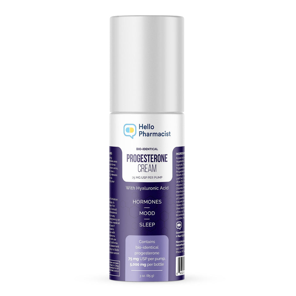 HelloPharmacist bioidentical progesterone cream pump bottle enables precise dosing for sensitive skin.