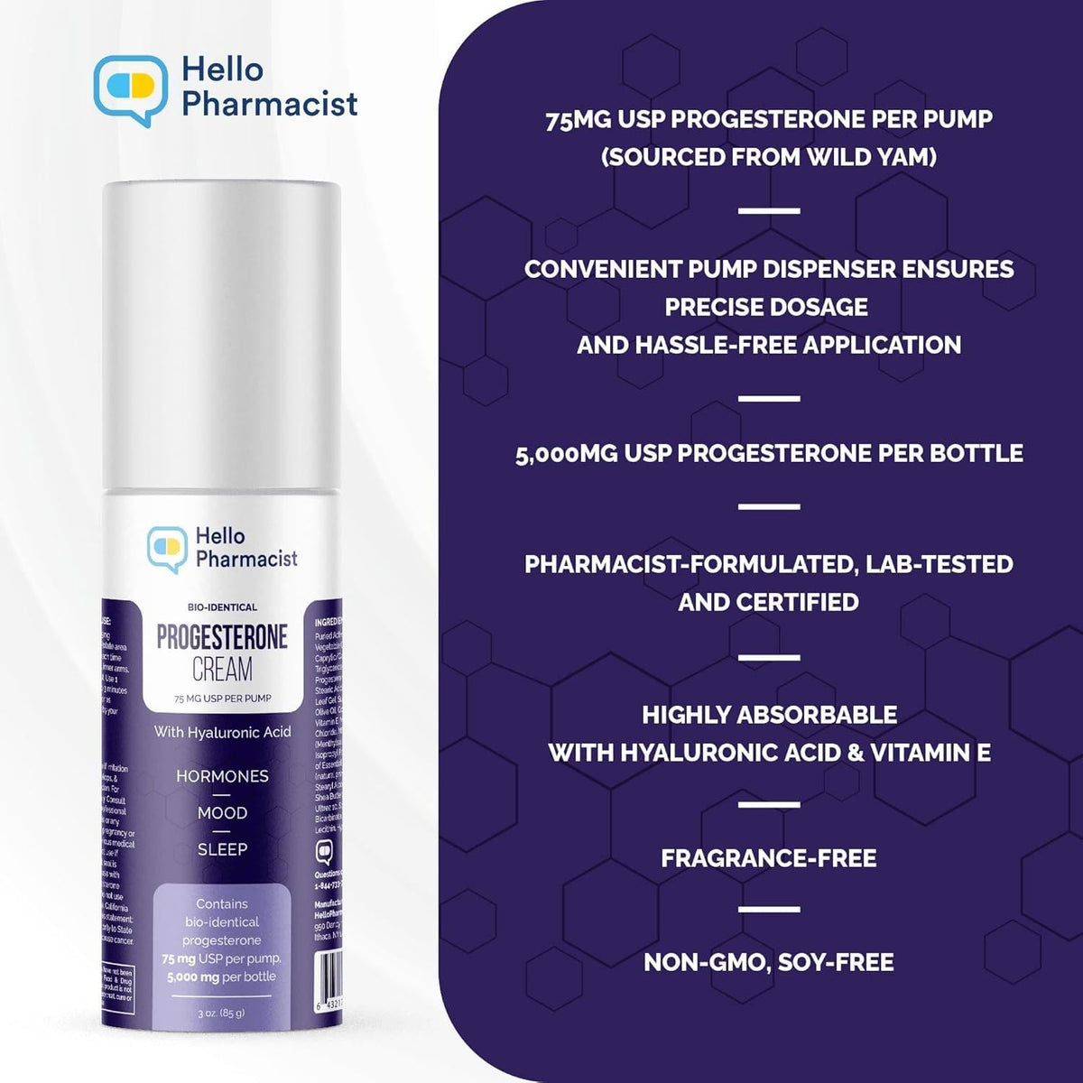 HelloPharmacist progesterone cream 3oz bottle close-up showing a reliable pump.