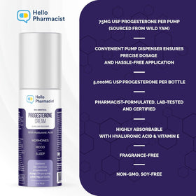 HelloPharmacist progesterone cream 3oz bottle close-up showing a reliable pump.