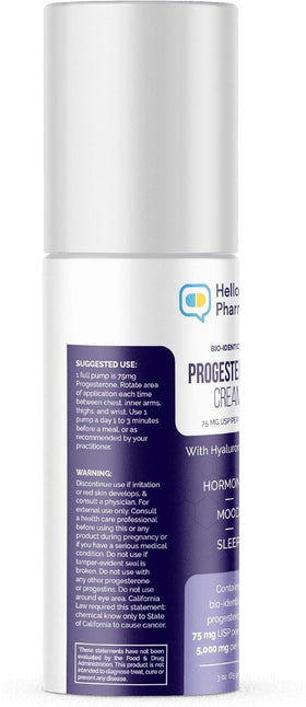 HelloPharmacist progesterone cream with hyaluronic acid close-up highlights added hydration.