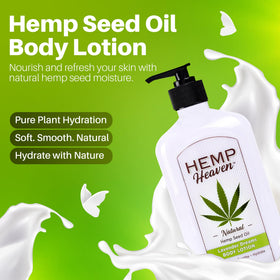 Close-up of label on Hemp Heaven Lotion highlighting clean, paraben-free formula.