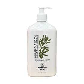 Hemp Nation White Peach Hibiscus tan extender bottle front showing packaging for easy tan maintenance