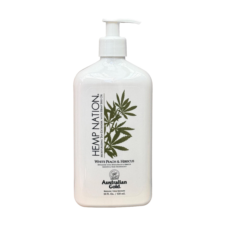 Hemp Nation White Peach Hibiscus tan extender bottle front showing packaging for easy tan maintenance