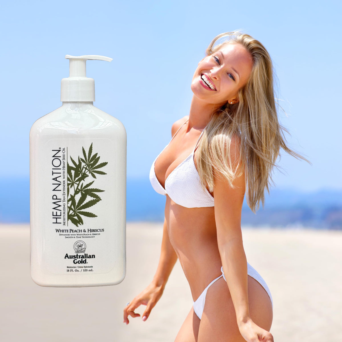 Hemp Nation White Peach Hibiscus tan extender ingredients panel emphasizing hydrating components