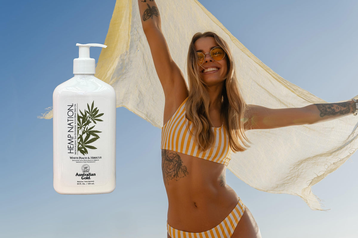Hemp Nation White Peach Hibiscus tan extender pump dispense for convenient application