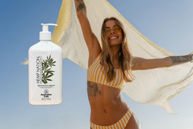 Hemp Nation White Peach Hibiscus tan extender pump dispense for convenient application