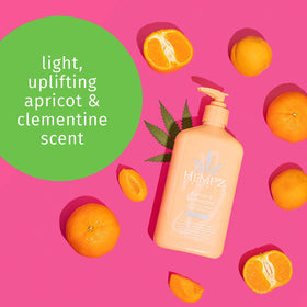 Hempz Apricot & Clementine label closeup highlights vegan and cruelty-free formula.