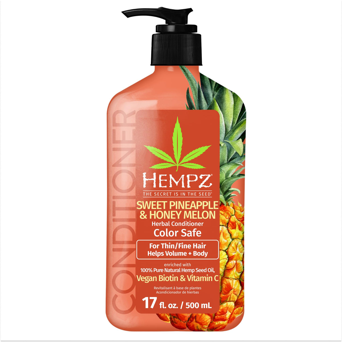 Hempz Biotin Conditioner bottle closeup showing nourishing hydration for fine hair.
