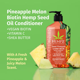 Hempz Biotin Conditioner bottle pour highlights lightweight moisture for fine hair.