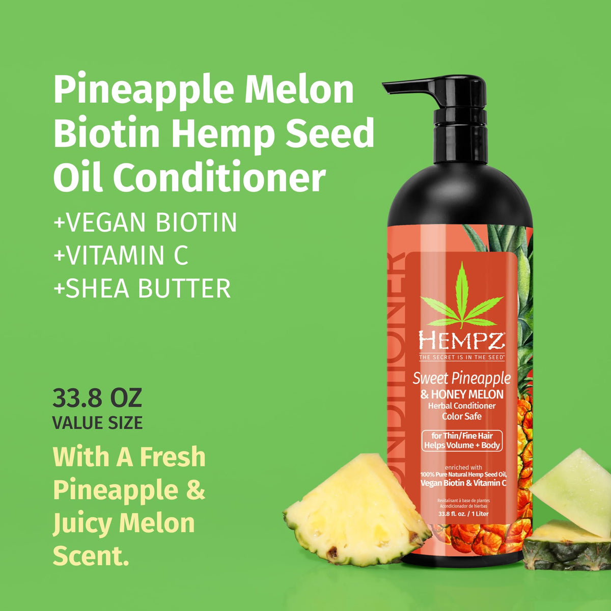 Hempz Biotin Conditioner ingredients close-up highlighting hemp seed oil for moisture.