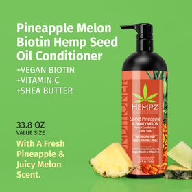 Hempz Biotin Conditioner ingredients close-up highlighting hemp seed oil for moisture.