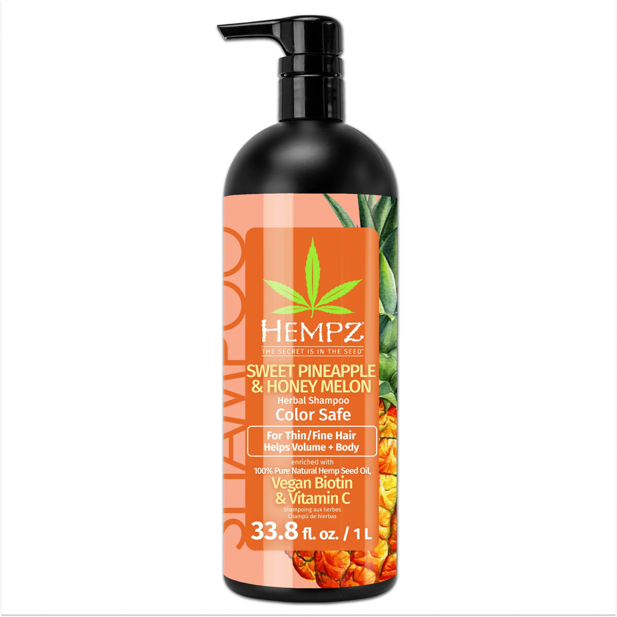 Hempz Biotin Hair Shampoo bottle pour demonstrates color-safe cleansing for fine hair.