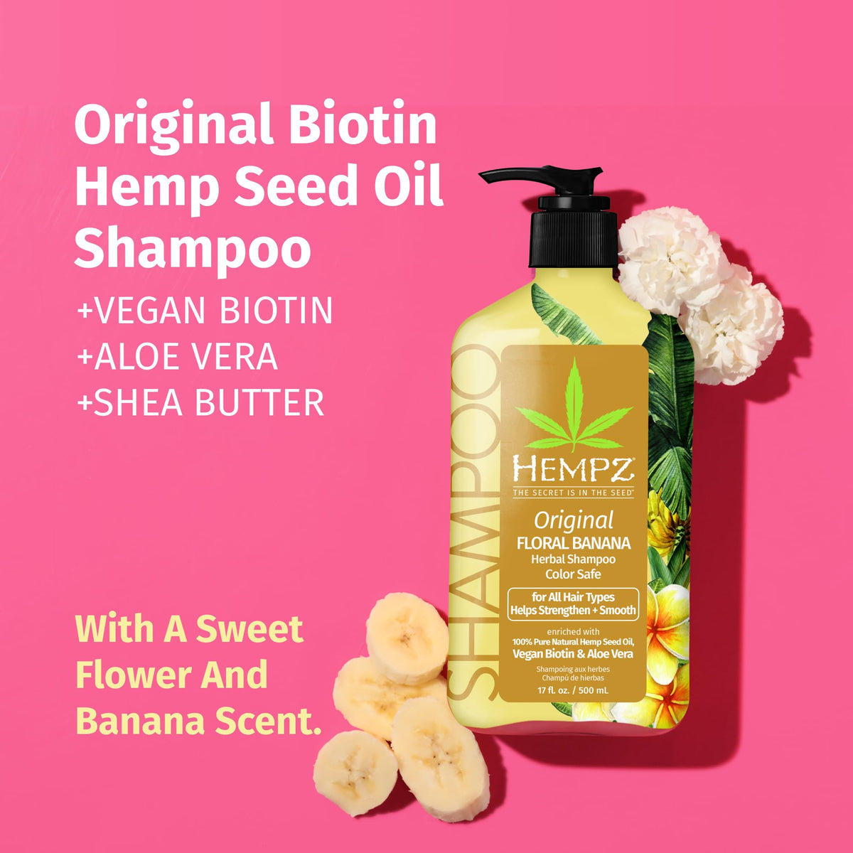 Hempz Biotin Hair Shampoo bottle highlights hemp seed oil for moisture retention.