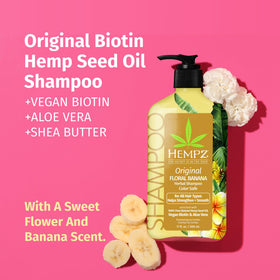 Hempz Biotin Hair Shampoo bottle highlights hemp seed oil for moisture retention.