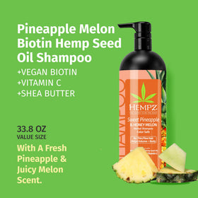 Hempz Biotin Hair Shampoo label closeup highlights vegan, sulfate-free formula.