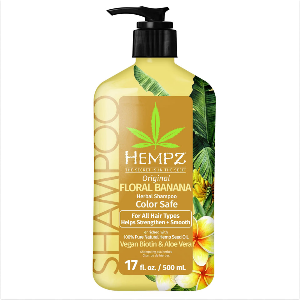 Hempz Biotin Hair Shampoo bottle with light floral banana scent for gentle cleansing.