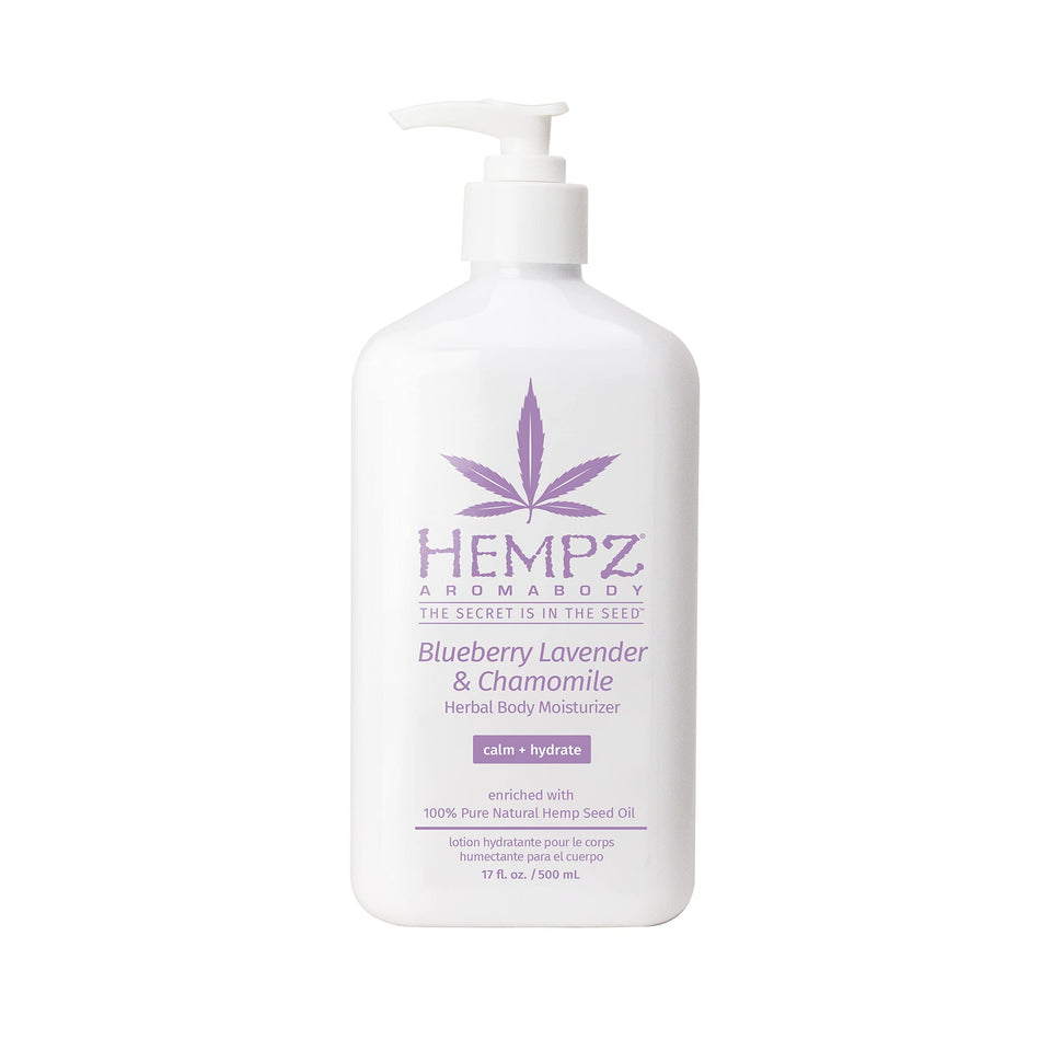 Hempz Blueberry Lavender Chamomile body moisturizer bottle delivers deep hydration.