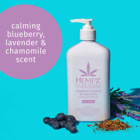 Hempz blueberry-lavender-chamomile moisturizer close-up showing calming botanicals for relaxation.