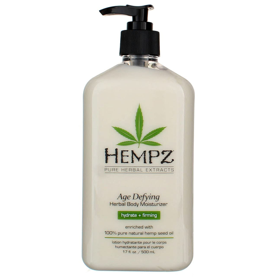 Hempz Age Defying moisturizer bottle shows fast-absorbing hydration for daily use.