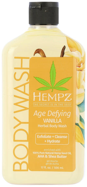 Hempz Body Wash Age Defying Vanilla & Musk bottle pour for a hydrating shower experience