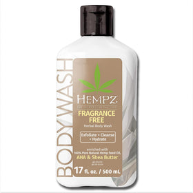 Hempz Fragrance-Free Body Wash bottle demonstrates gentle hydration for sensitive skin.