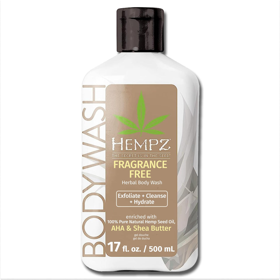 Hempz Fragrance-Free Body Wash bottle demonstrates gentle hydration for sensitive skin.