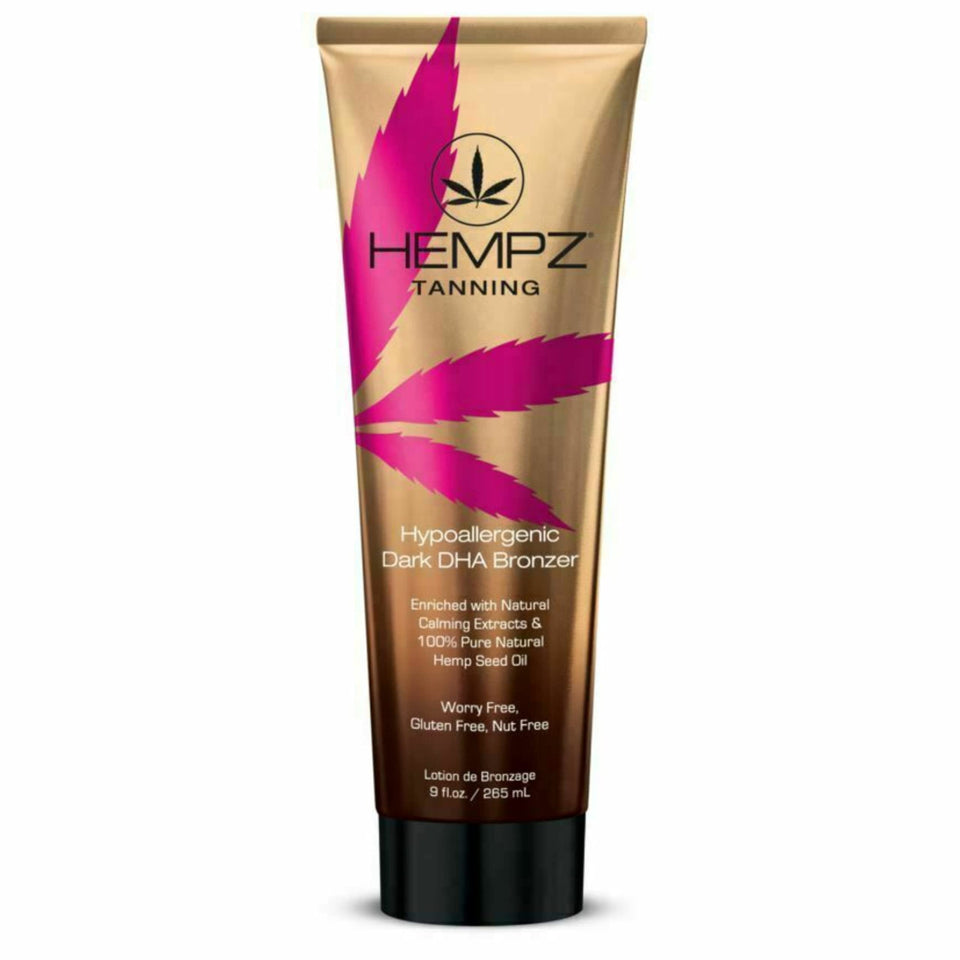 Hempz Dark DHA Bronzer bottle showing instant color and hydrating moisture for sensitive skin