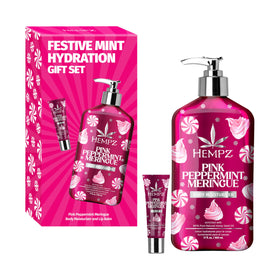 Hempz Festive Mint body lotion 17 oz bottle delivers lightweight hydration with a peppermint scent.