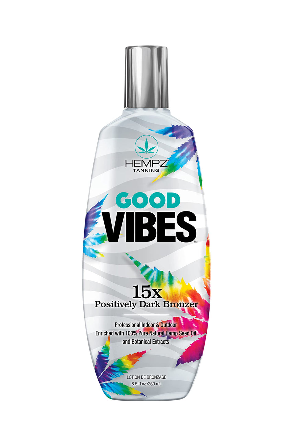 Hempz Good Vibes 15X Bronzer bottle, showcasing deep bronze potential for indoor-outdoor tanning