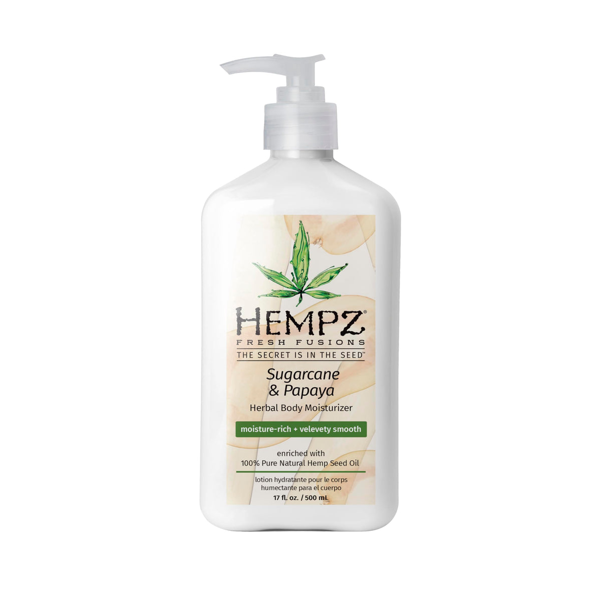 Hempz Herbal Body Moisturizer bottle featuring Sugarcane & Papaya for everyday hydration.