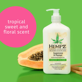 Hempz Herbal Body Moisturizer texture showing creamy moisture for velvety skin.