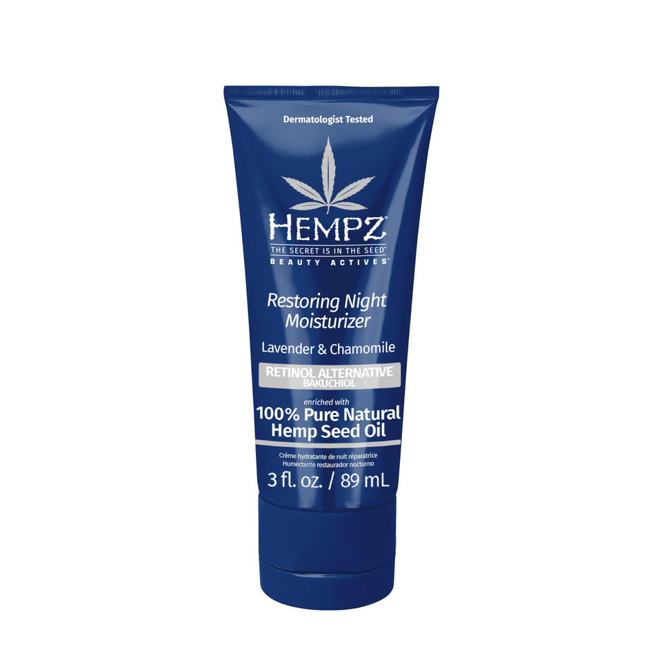 Hempz Lavender Chamomile Restoring Night Moisturizer bottle for overnight hydration