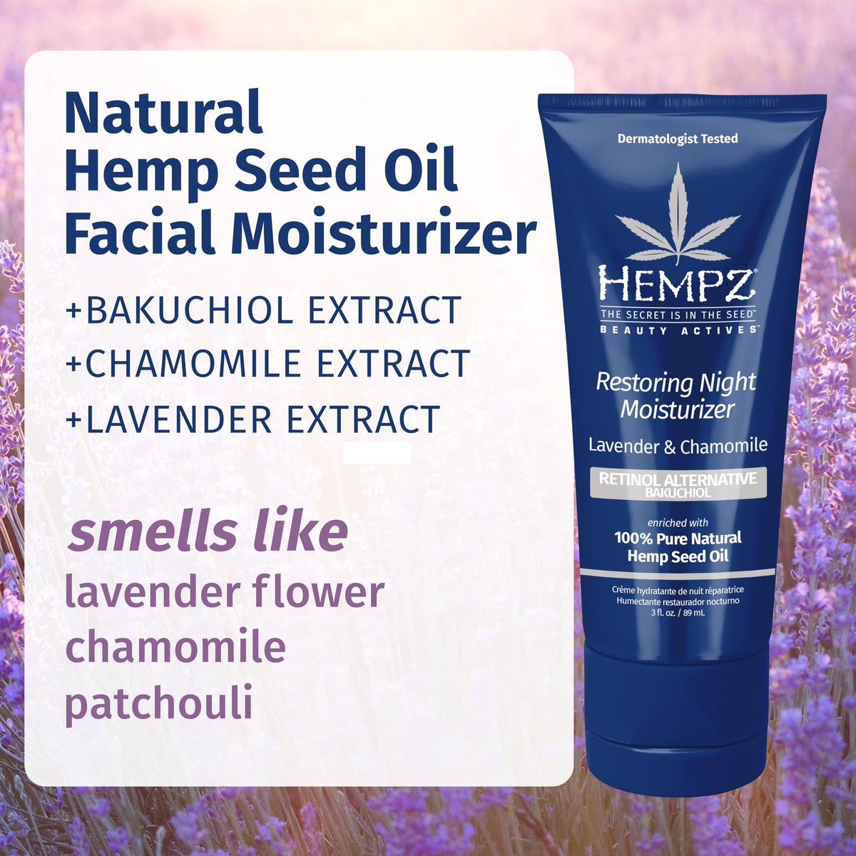 Hempz Lavender Chamomile Restoring Night Moisturizer texture demonstrates lightweight hydration