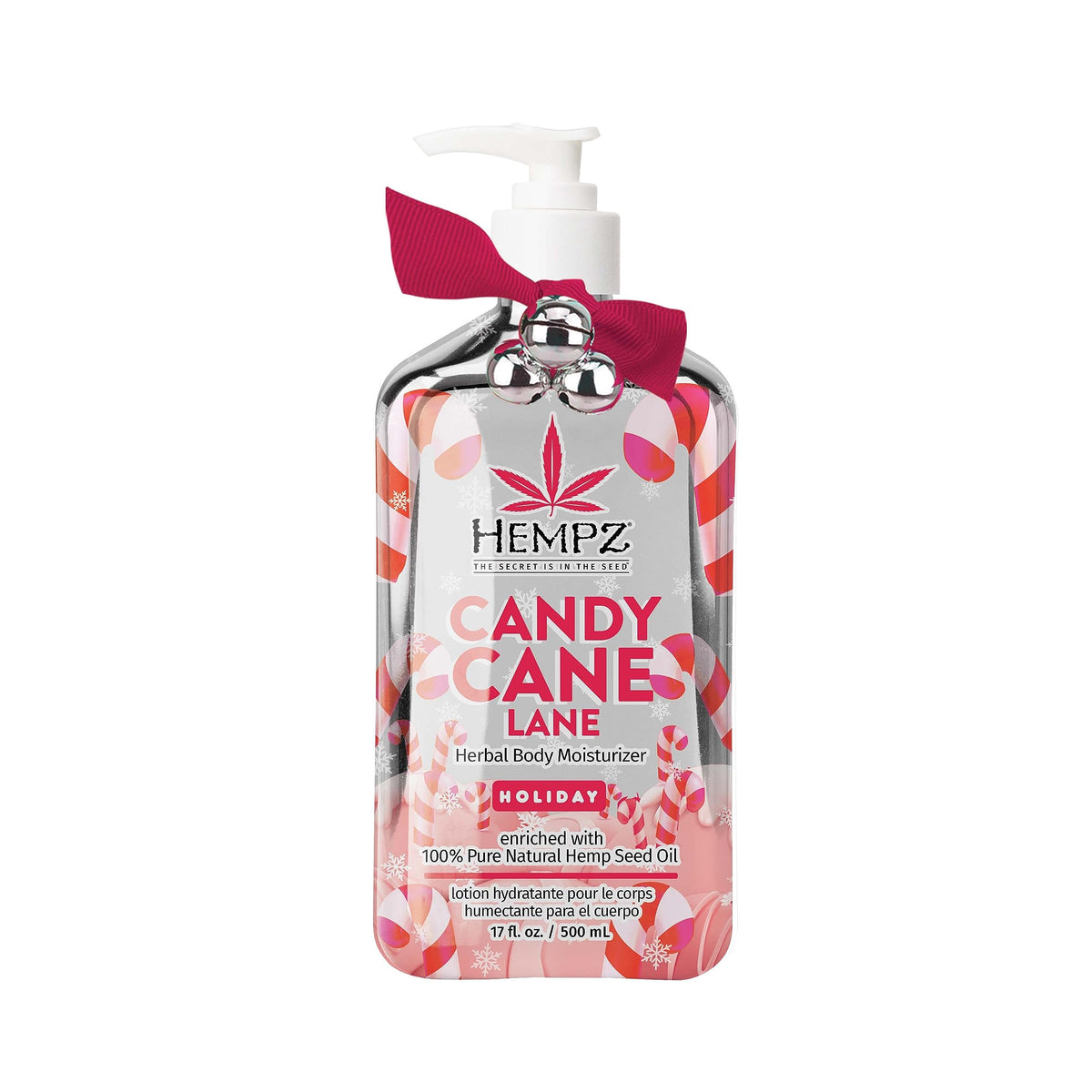 Hempz Peppermint Candy Cane lotion bottle delivers hydration with a festive, refreshing scent