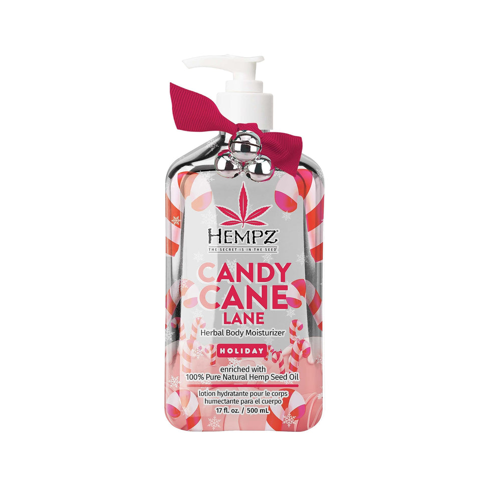 Hempz Peppermint Candy Cane lotion bottle delivers hydration with a festive, refreshing scent