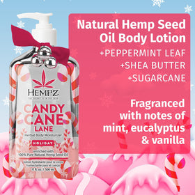 Hempz Peppermint Candy Cane lotion packaging highlights vegan and cruelty-free formula for sensitive skin