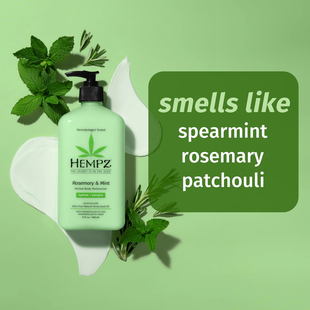 Close-up texture of Hempz lotion shows light, non-greasy absorption.