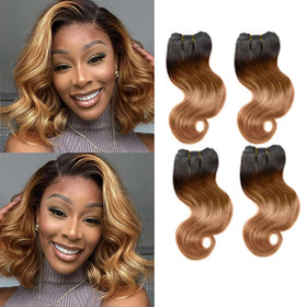 Hengya Ombre Body Wave Bundles 8in showing natural luster and color transition