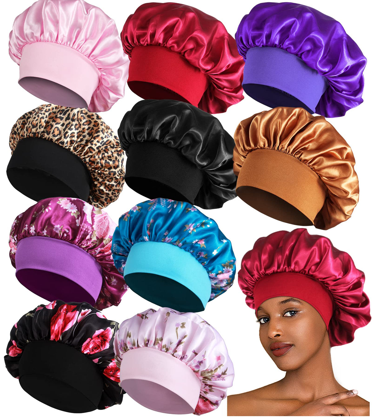 Heniho satin bonnet with wide band protecting braids and preventing pillow marks.