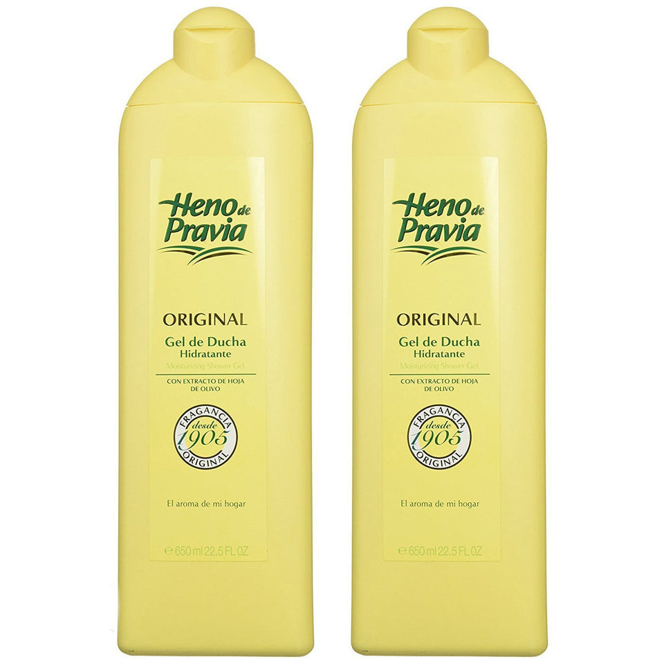 Heno de Pravia Shower Gel two-pack bottles for daily cleansing.